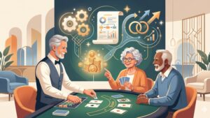 Иллюстрация с пожилыми людьми, играющими в блэкджек и изучающими бонусные предложения казино