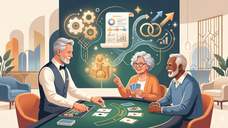 Иллюстрация с пожилыми людьми, играющими в блэкджек и изучающими бонусные предложения казино