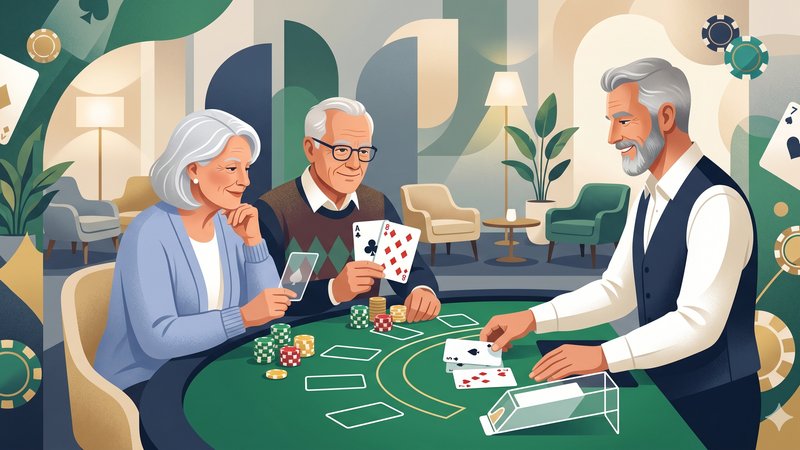 Иллюстрация с картами блэкджека и фишками в современном стиле для руководства по игре пожилых людей