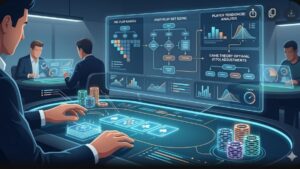 Современная иллюстрация покерных карт и цифровых интерфейсов для стратегии игры в Техасский Холдем