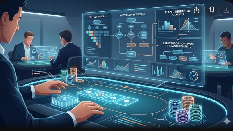 Современная иллюстрация покерных карт и цифровых интерфейсов для стратегии игры в Техасский Холдем