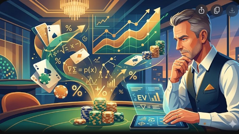 Современная иллюстрация с покерными фишками и картами для анализа математики бонусов в Техасском Холдеме